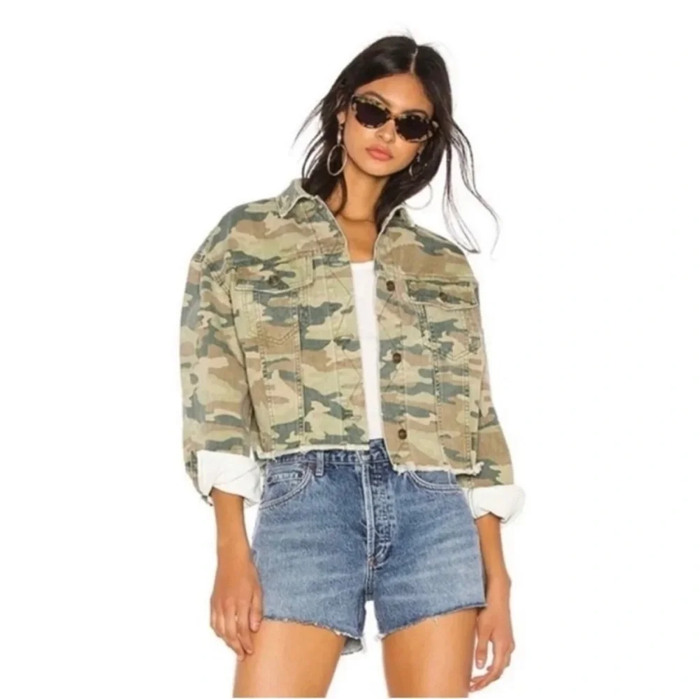 Free People Camo Cropped Jean Jacket in Green & Tan - Picture 10 of 13